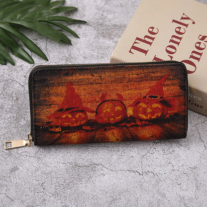 Monederos con cremallera multicapa con estampado de calabaza y murciélago de Halloween para mujer