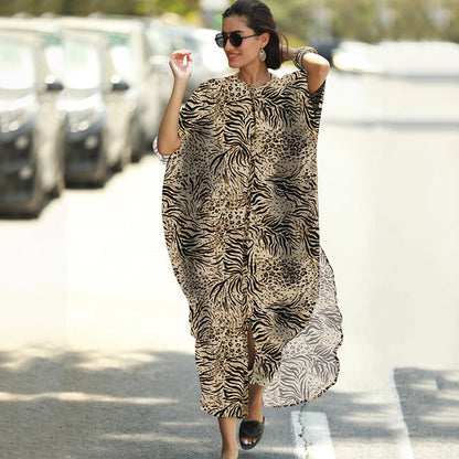Women Fashion Summer Vacation Boho Style Leopard V Neck Loose Maxi Dress