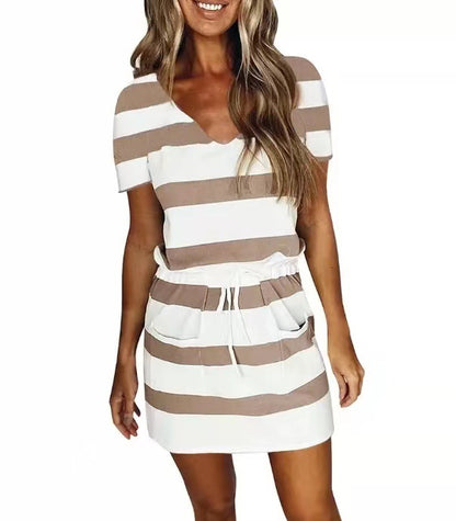 Vestido informal a rayas con cuello en V para mujer