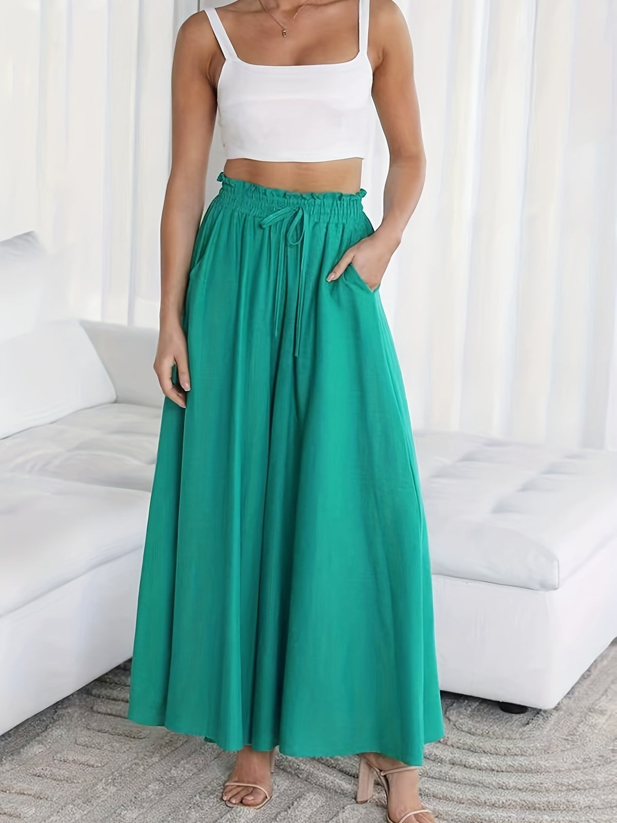 Women Fashion Casual Loose Solid Color Drawstring Pants