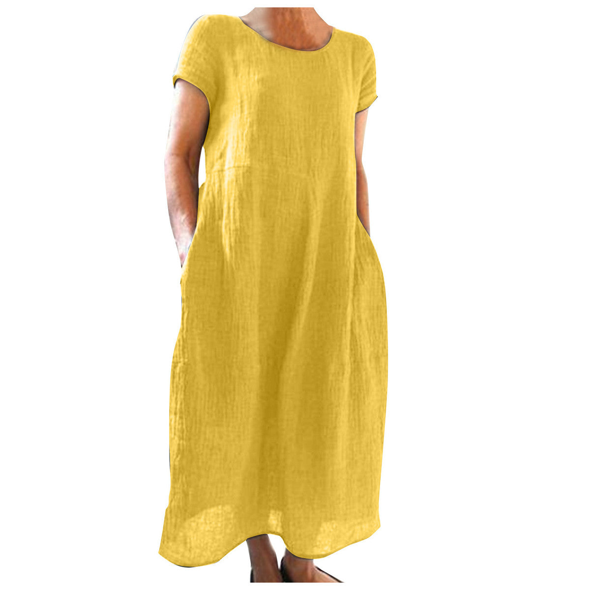 Vestido informal holgado de algodón y lino de color liso para mujer