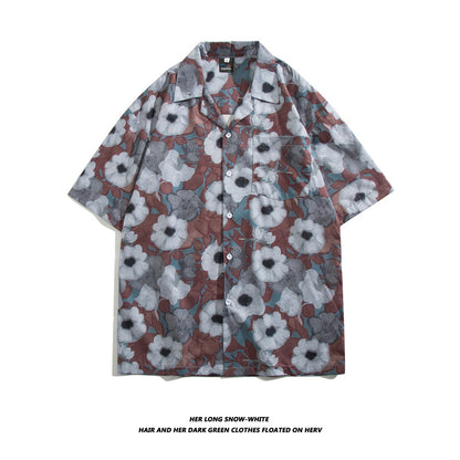 Men Casual Vintage Vacation Hawaii Tiny Flower Print Short Sleeve Lapel Shirt