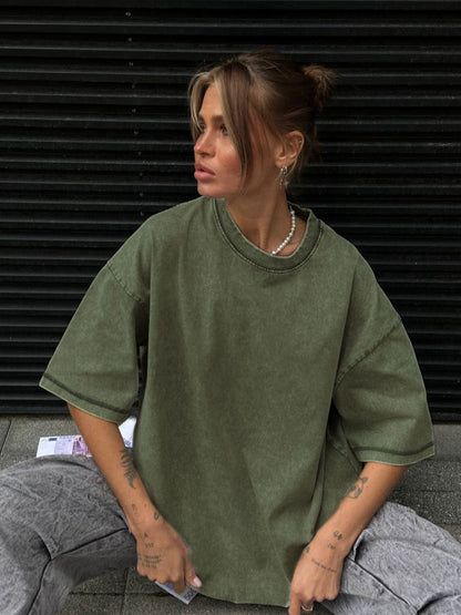 Camiseta informal holgada de manga corta en color liso para mujer