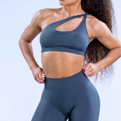 Soutien-gorge de sport sexy à épaules inclinées et couleur unie pour femmes