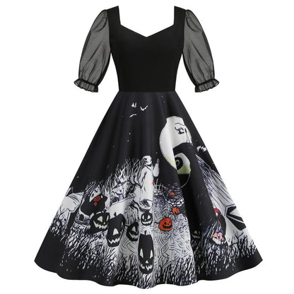 Halloween Party Mesh Sleeve Vintage Printed Dress