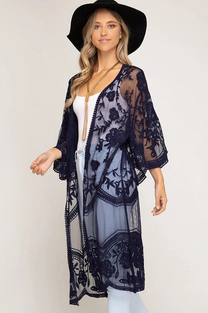 Vestido playero informal de malla con encaje y mangas largas para mujer