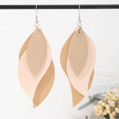 Women Fashion Pu Leather Triple Leaf Shape Earrings