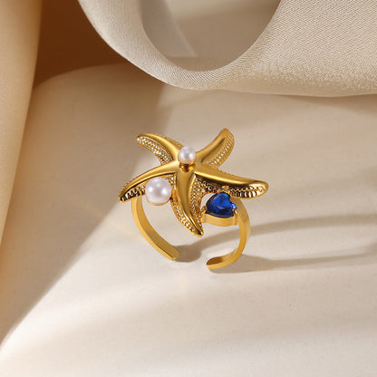 Anillo de amor con estrella de acero y titanio exagerado para mujer