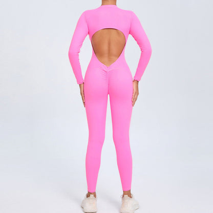Women Fashion Solid Color Zipper Long-Sleeve Yoga Jumpsuit