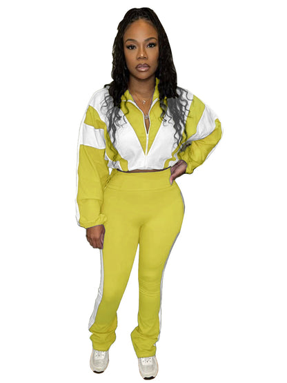 Women Athleisure Rubber Buckle Tight Waist Crop Sweatshirt Pants Set