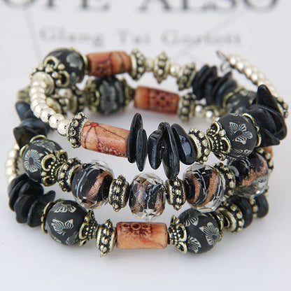 Women Fashion Boho Handmade Wooden Beaded Shell Gravel Crystal Multilayer Bracelet