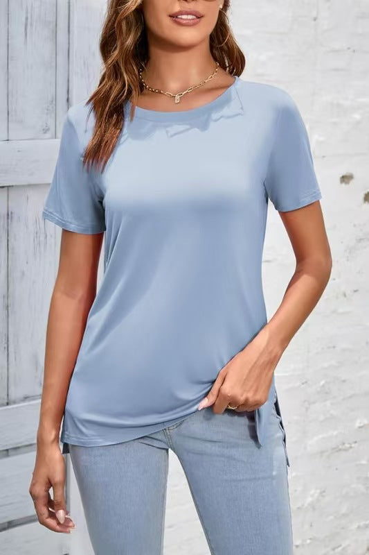 Camiseta sencilla de manga corta con cuello redondo y color liso para mujer