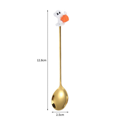 Tenedor y cuchara de acero inoxidable para postres y frutas con dibujos animados de Halloween.