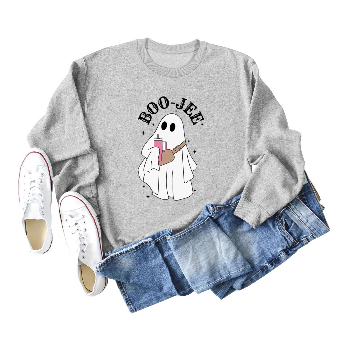 Sweat-shirt ras du cou imprimé fantôme de dessin animé pour femme Halloween