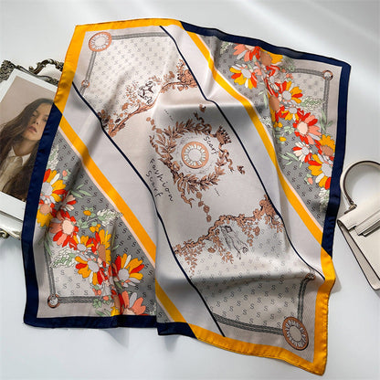 Pañuelo cuadrado de satén de seda con estampado de lirios y flores de 70 cm
