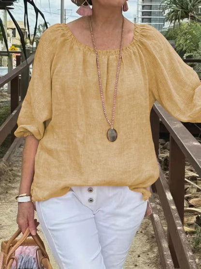 Top informal de lino y algodón con cuello redondo de color liso para mujer