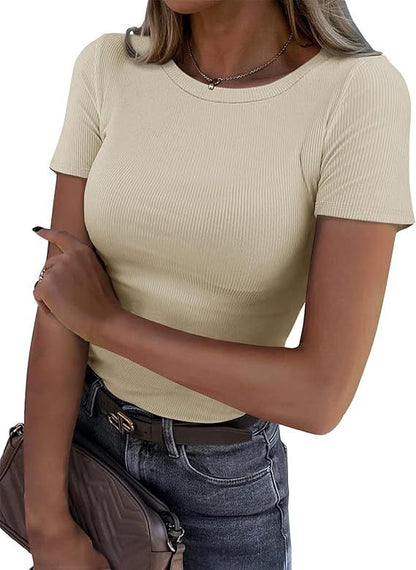 Camiseta de manga corta con canalé elástico de color liso para mujer