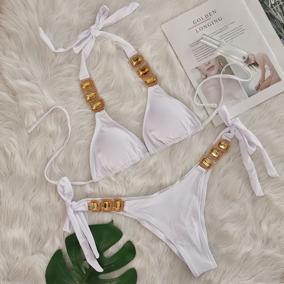 Bikini sexy con tirantes de diamantes de imitación de color sólido para mujer