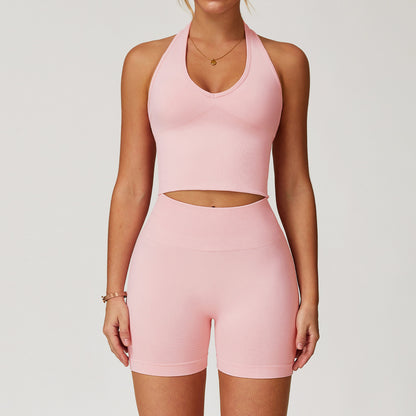 Conjunto de camiseta sin mangas con cuello halter, sin costuras y color liso para mujer