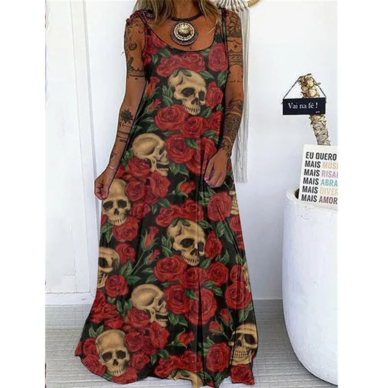 Vestido largo holgado con estampado de calavera de Halloween para mujer, estilo bohemio informal