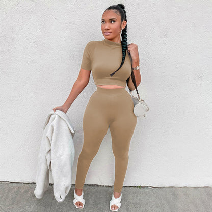Ensemble deux pièces décontracté pour femme, haut court et pantalon en élasthanne, couleur unie