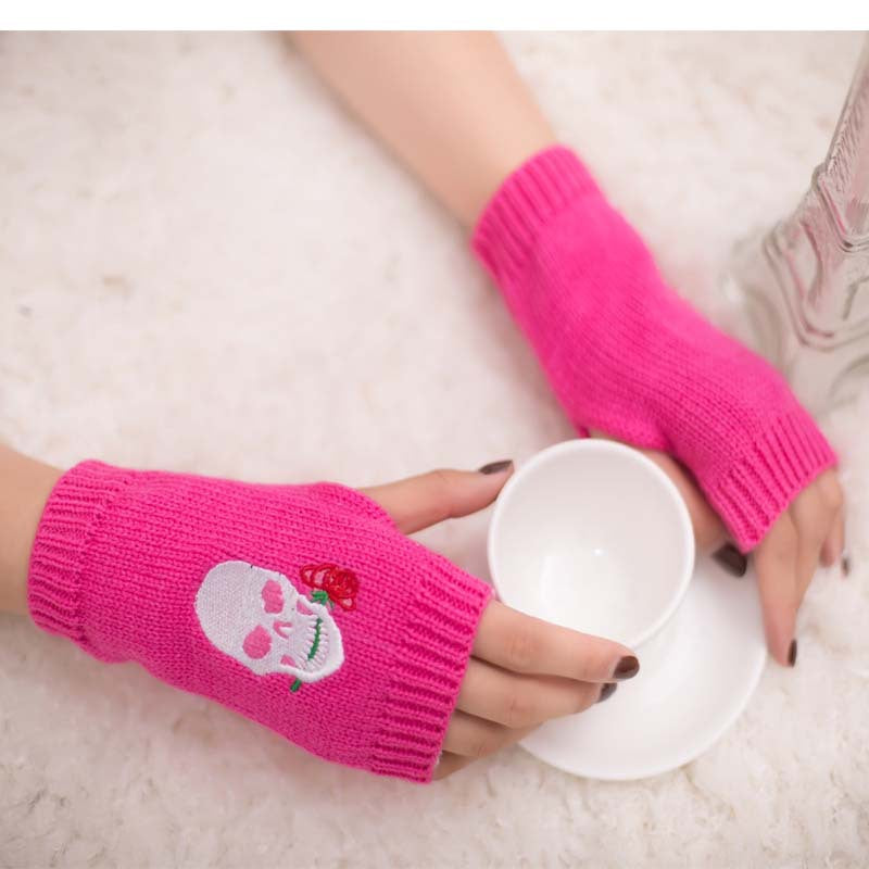 Halloween Autumn Winter Wool Embroidered Skull Gloves