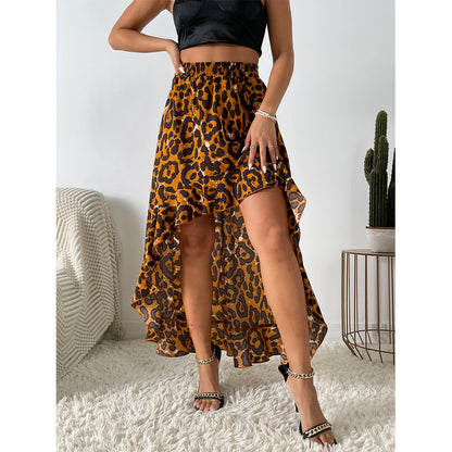 Women Fashion Leopard Print Irregular Hem Skirt