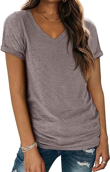 Camiseta informal de verano para mujer, color liso, cuello en V, manga corta, sin mangas