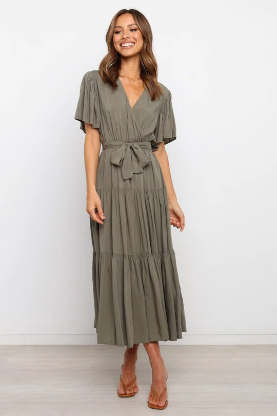 Summer Women Fashion Bohemian Style V-Neck Short Sleeve Maxi Dress