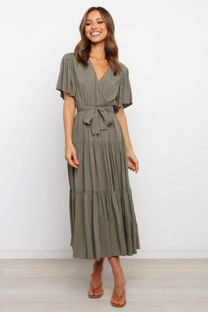 Summer Women Fashion Bohemian Style V-Neck Short Sleeve Maxi Dress