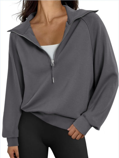 Women Half Zipper Fleece-Lined Solid Color Sweatshirt