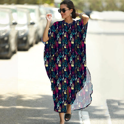 Women Fashion Summer Vacation Boho Style Leopard V Neck Loose Maxi Dress