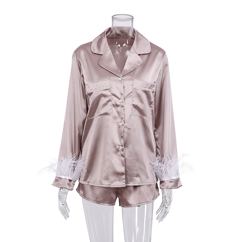 Women Fashion Loose Satin Ice Silk Long Sleeve Pajamas Set