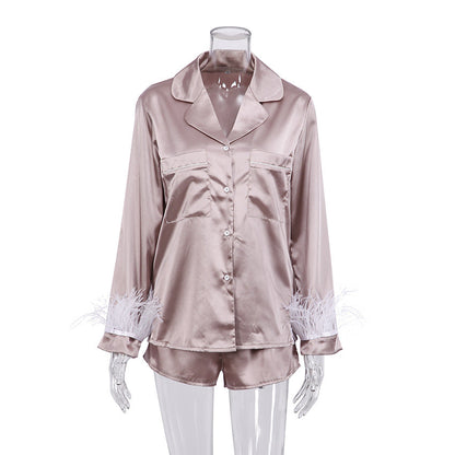 Women Fashion Loose Satin Ice Silk Long Sleeve Pajamas Set