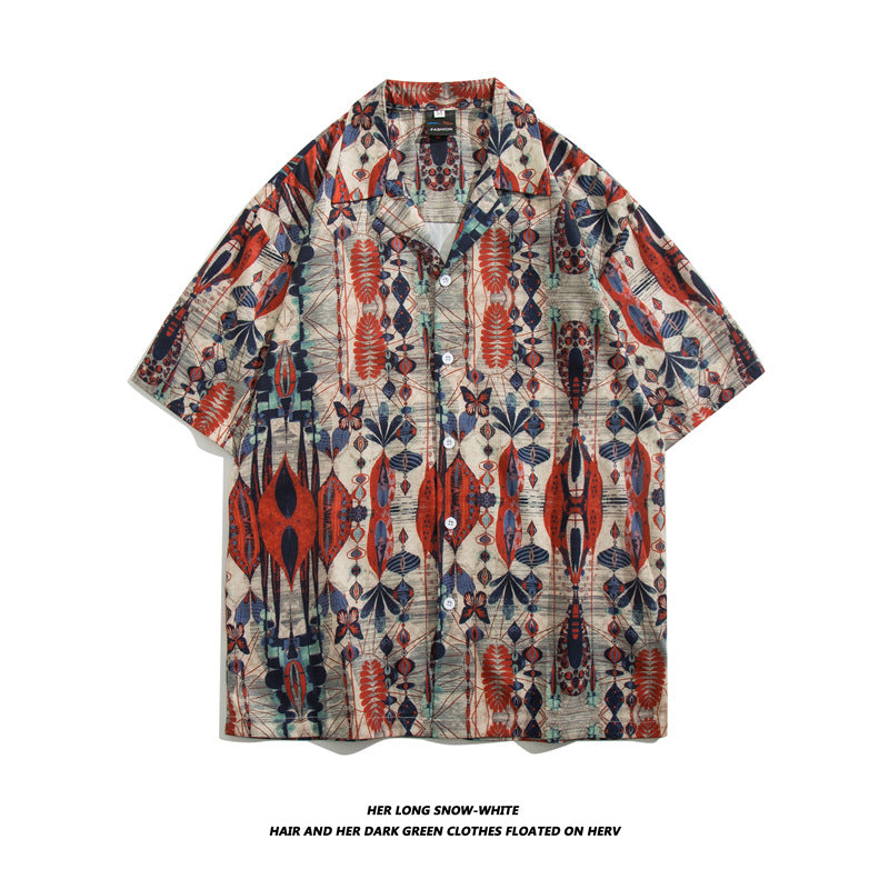 Men Casual Vintage Vacation Hawaii Tiny Flower Print Short Sleeve Lapel Shirt
