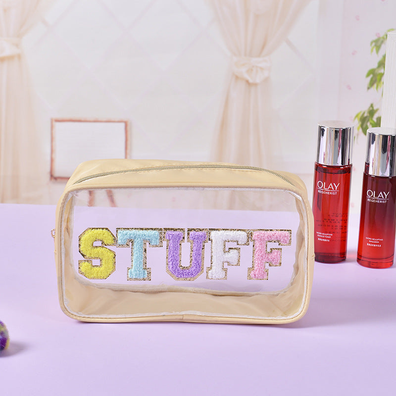 Bolsa de cosméticos impermeable de PVC transparente con letras bordadas