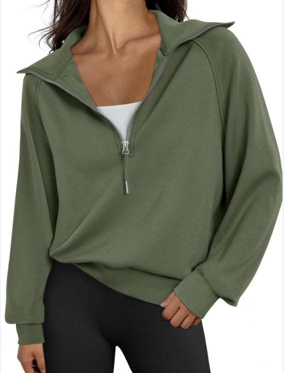 Women Half Zipper Fleece-Lined Solid Color Sweatshirt