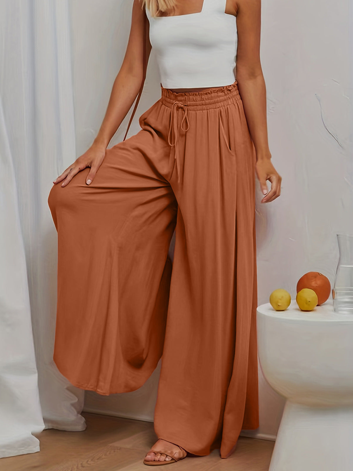 Women Fashion Casual Loose Solid Color Drawstring Pants