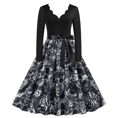 Vestido informal de Halloween con estampado de calavera y rosa para mujer