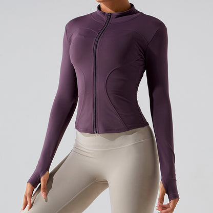 Veste de sport décontractée à manches longues et fermeture éclair pour femme, couleur unie, idéale pour le yoga