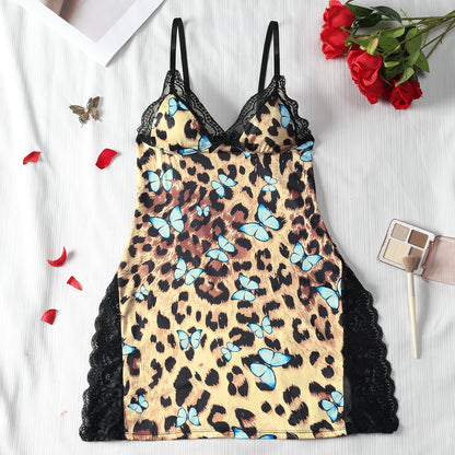 Women Fashion Sexy Lace Splicing Spaghetti Strap Dress Pajamas
