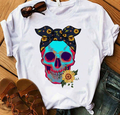 Camiseta de manga corta con estampado de calavera de Halloween para mujer