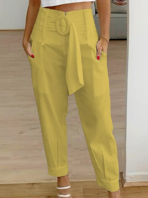 Pantalones casuales de lino con estampado floral de color liso de verano para mujer