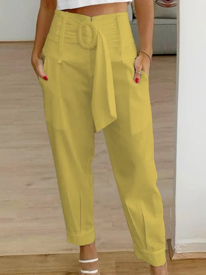 Pantalones casuales de lino con estampado floral de color liso de verano para mujer