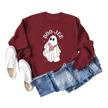 Sweat-shirt ras du cou imprimé fantôme de dessin animé pour femme Halloween