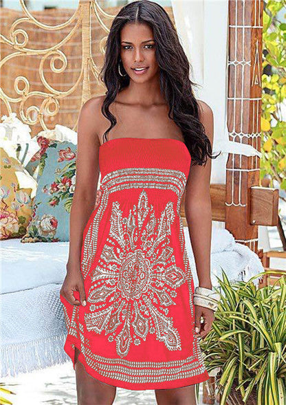 Women Casual Vintage Strapless Summer Loose High Waist Bohemian Beach Dress