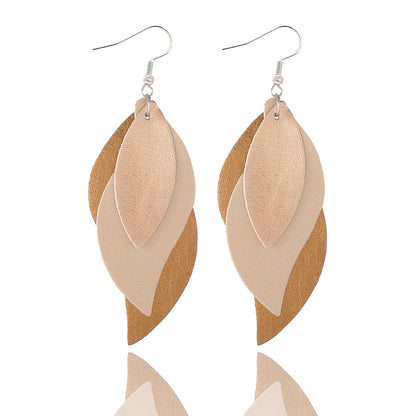 Women Fashion Pu Leather Triple Leaf Shape Earrings