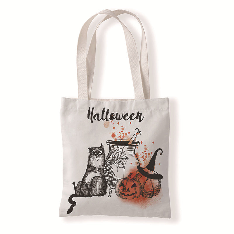 Bolsa de lona con dibujo de gato y calabaza de Halloween