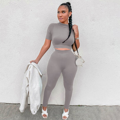 Ensemble deux pièces décontracté pour femme, haut court et pantalon en élasthanne, couleur unie