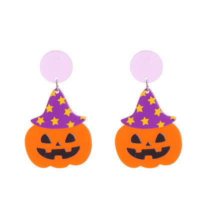 Pendientes acrílicos divertidos de calabaza y gato para Halloween para mujer